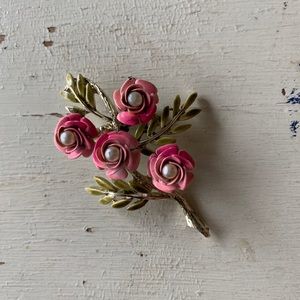 vintage Cora pink enamel rose brooch